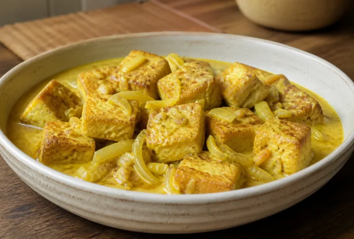 Golden firm tofu cubes in turmeric coconut curry