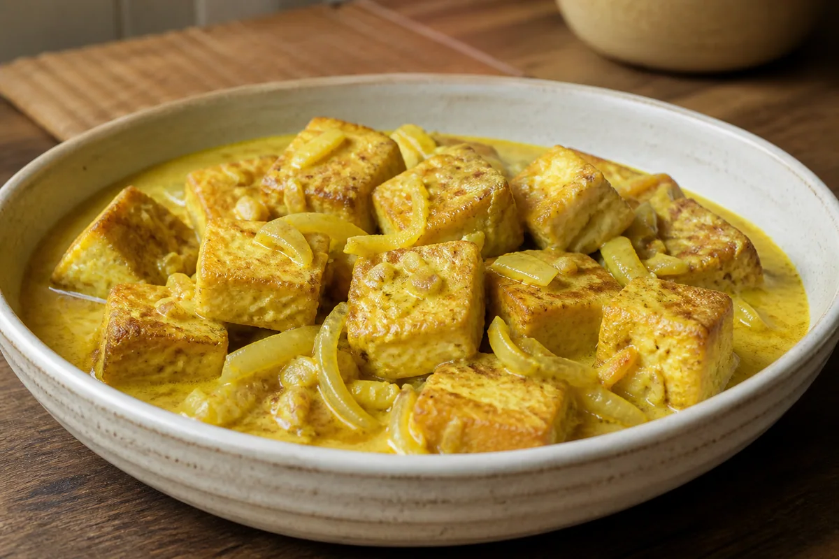 Golden firm tofu cubes in turmeric coconut curry