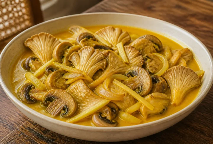 Oyster and button mushrooms in turmeric coconut curry