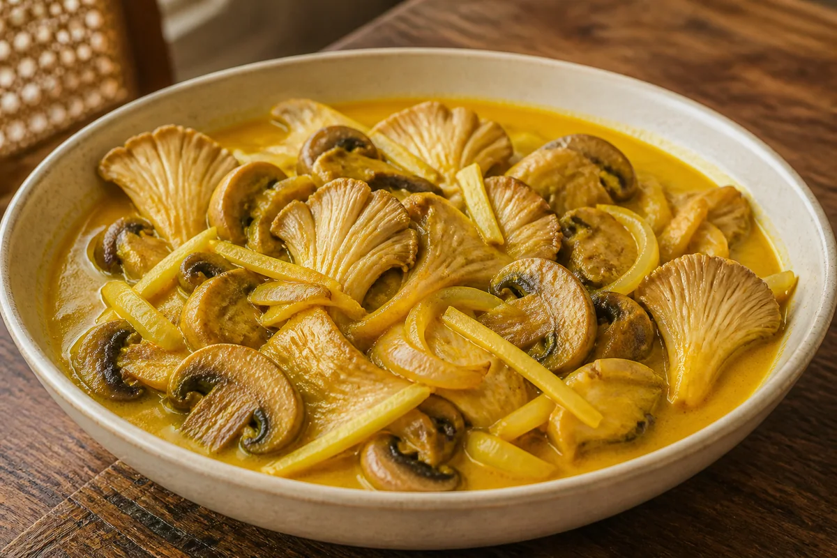 Oyster and button mushrooms in turmeric coconut curry