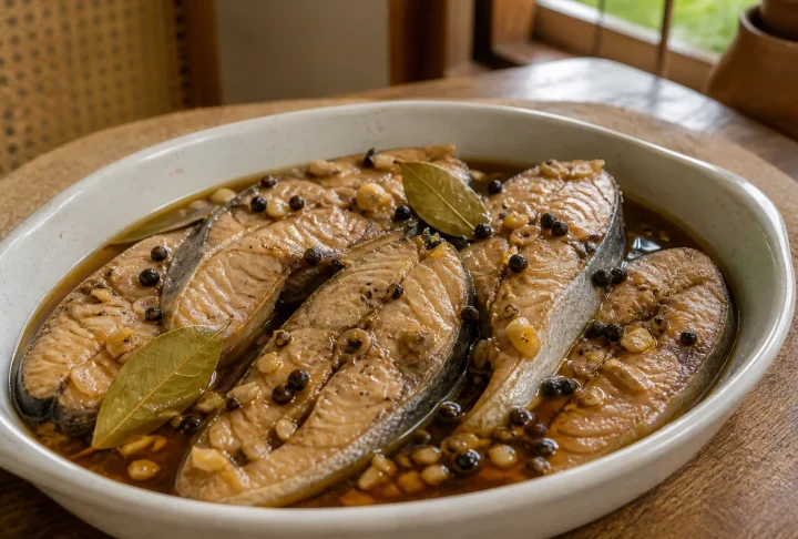 Vinegar pepper bangus with garlic, bay leaves and black peppercorns
