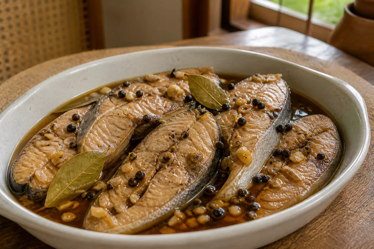 Vinegar pepper bangus with garlic, bay leaves and black peppercorns