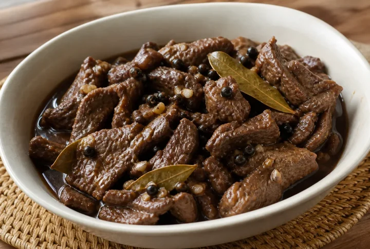 Vinegar pepper beef strips in a garlic soy glaze
