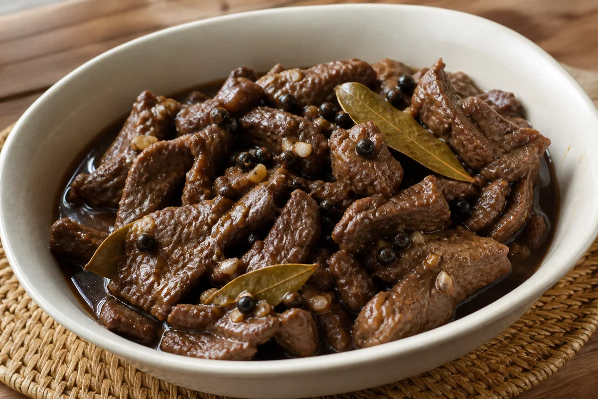 Vinegar pepper beef strips in a garlic soy glaze
