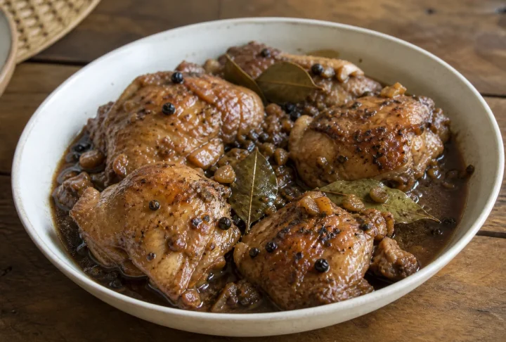 Vinegar pepper chicken thighs with garlic, bay leaves and peppercorns