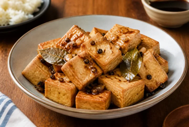 Golden firm tofu in vinegar pepper sauce with garlic and bay leaves