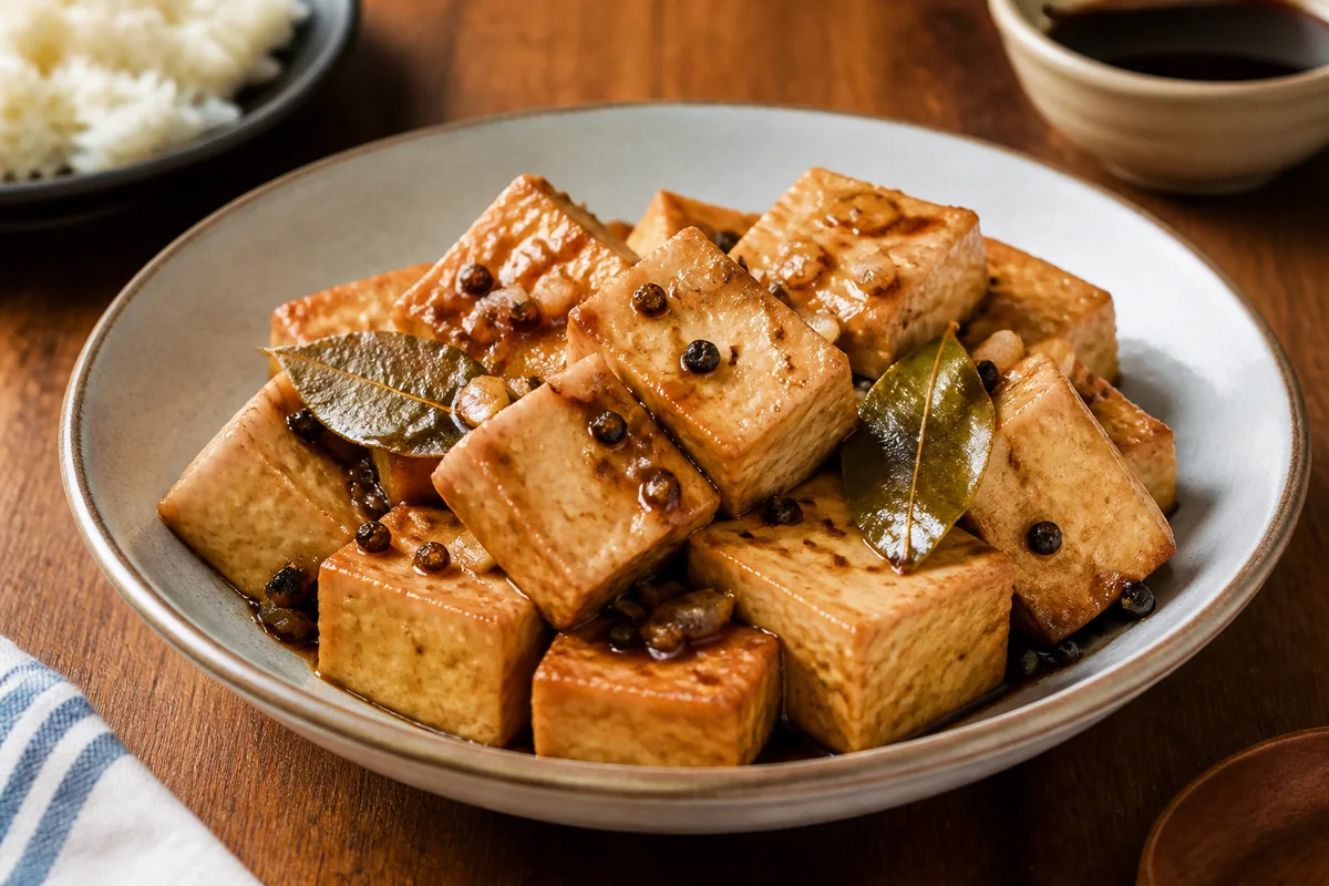 Golden firm tofu in vinegar pepper sauce with garlic and bay leaves