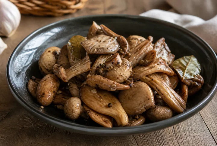 Vinegar pepper oyster and button mushrooms with garlic and bay leaves
