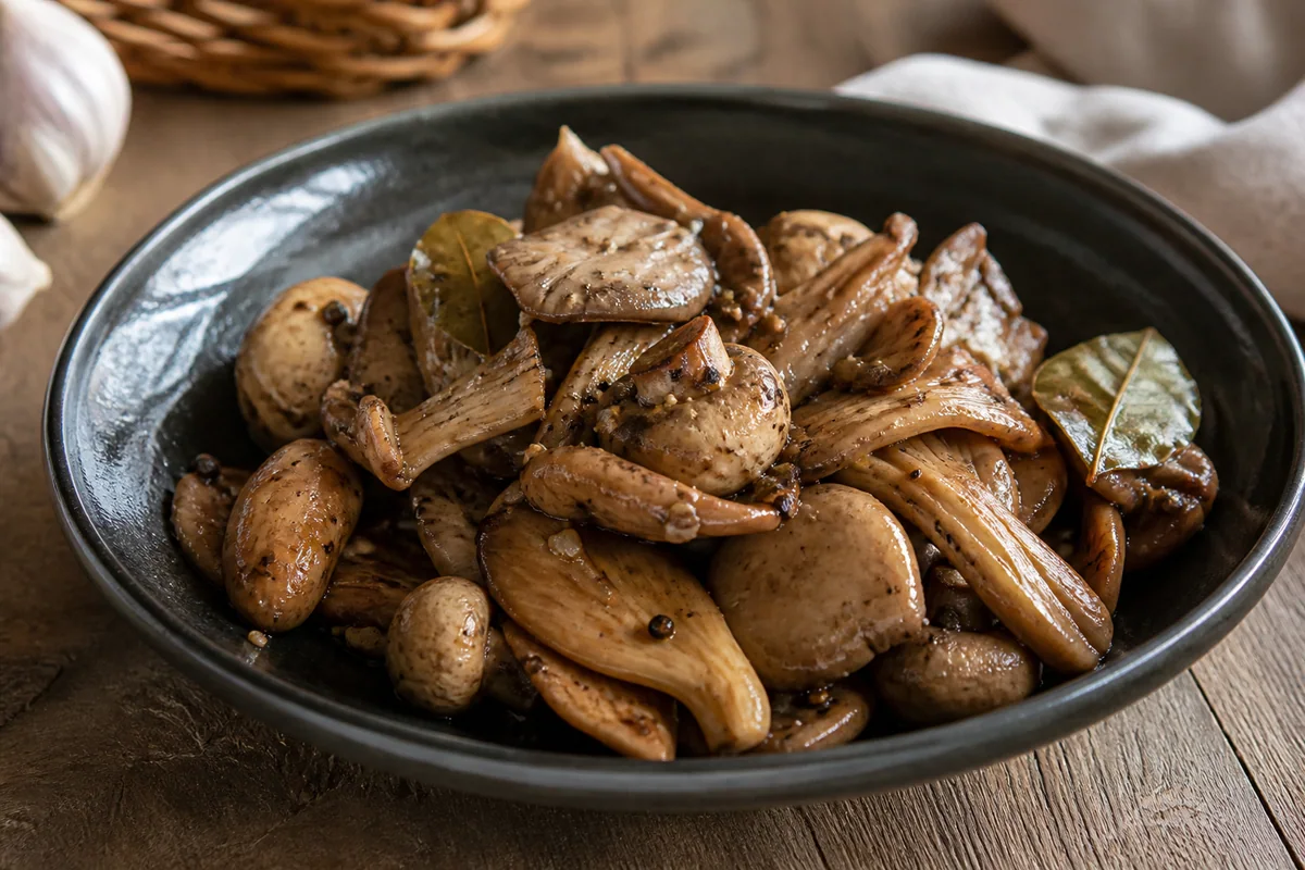 Vinegar pepper oyster and button mushrooms with garlic and bay leaves