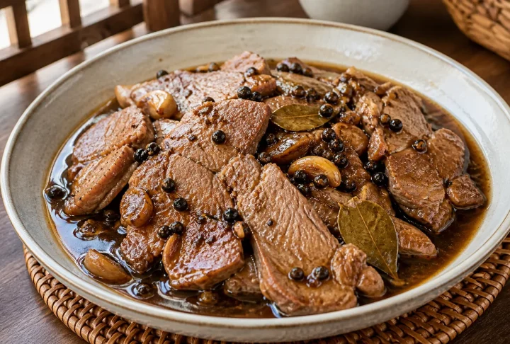 Vinegar pepper pork kasim with garlic, bay leaves and peppercorns
