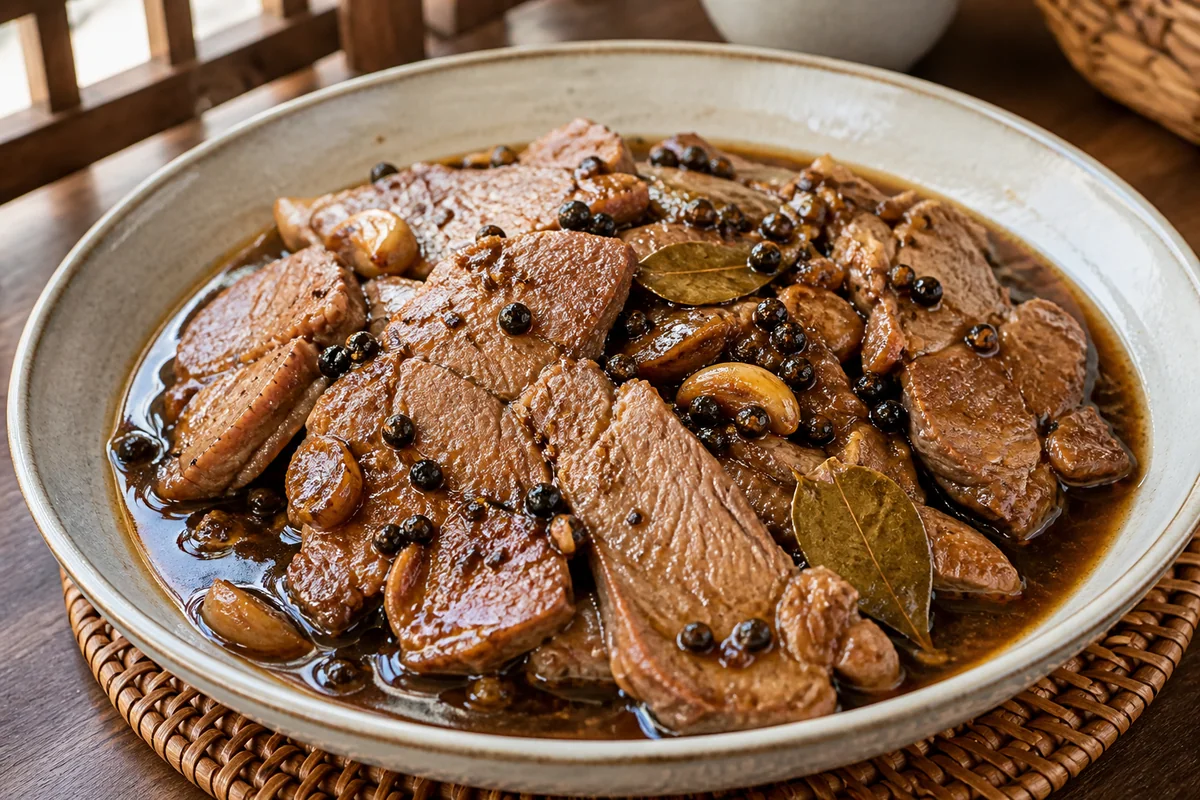 Vinegar pepper pork kasim with garlic, bay leaves and peppercorns