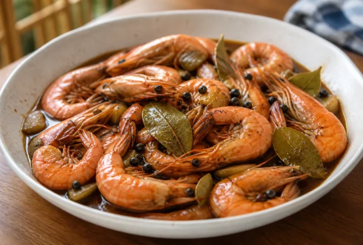 Vinegar pepper shrimp with garlic, bay leaves and black peppercorns