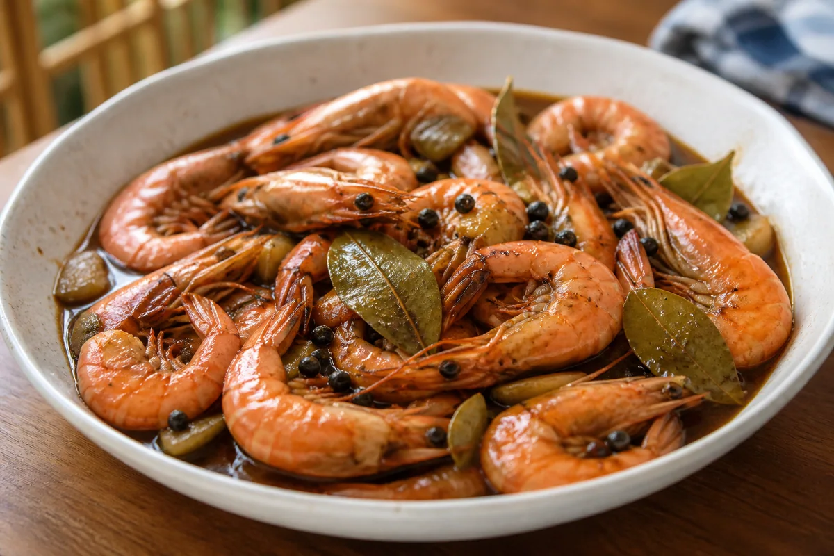 Vinegar pepper shrimp with garlic, bay leaves and black peppercorns