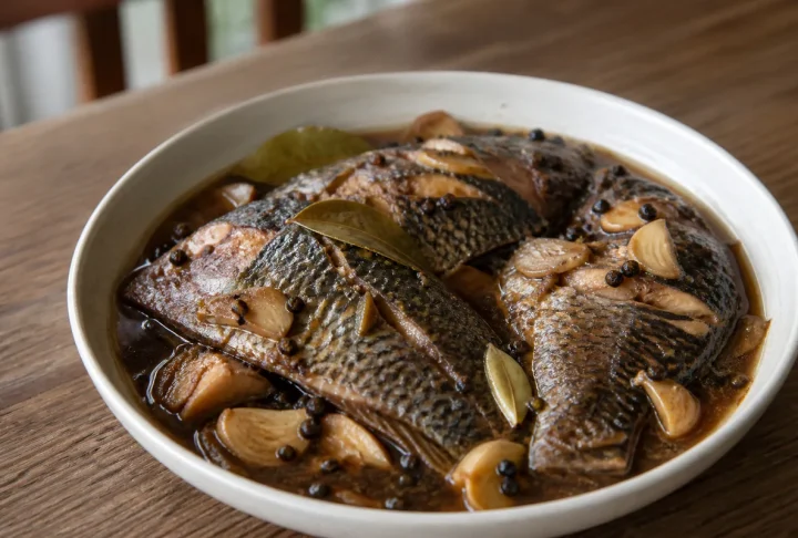 Vinegar pepper tilapia with garlic, bay leaves and black peppercorns