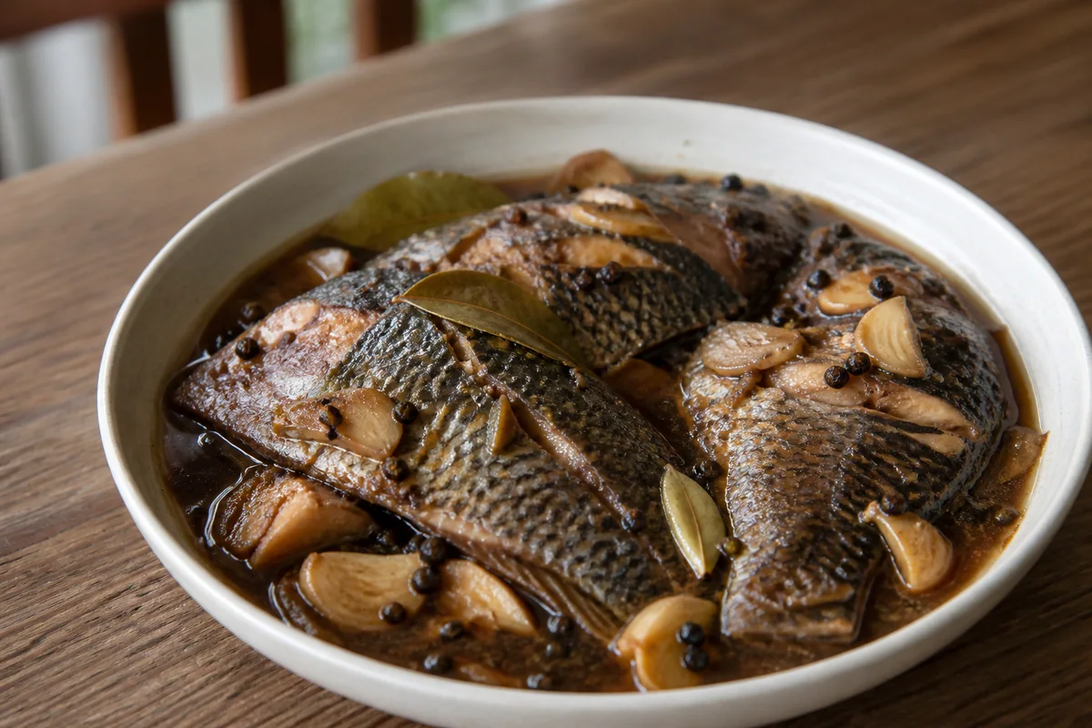 Vinegar pepper tilapia with garlic, bay leaves and black peppercorns